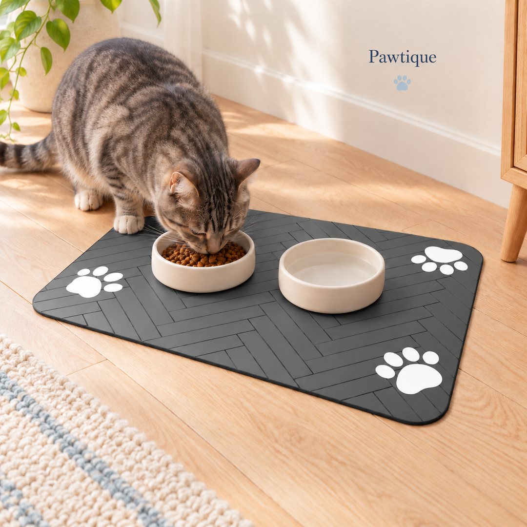 Tabby cat eating from a cream bowl on the dark-gray herringbone feeding mat beside a second bowl.