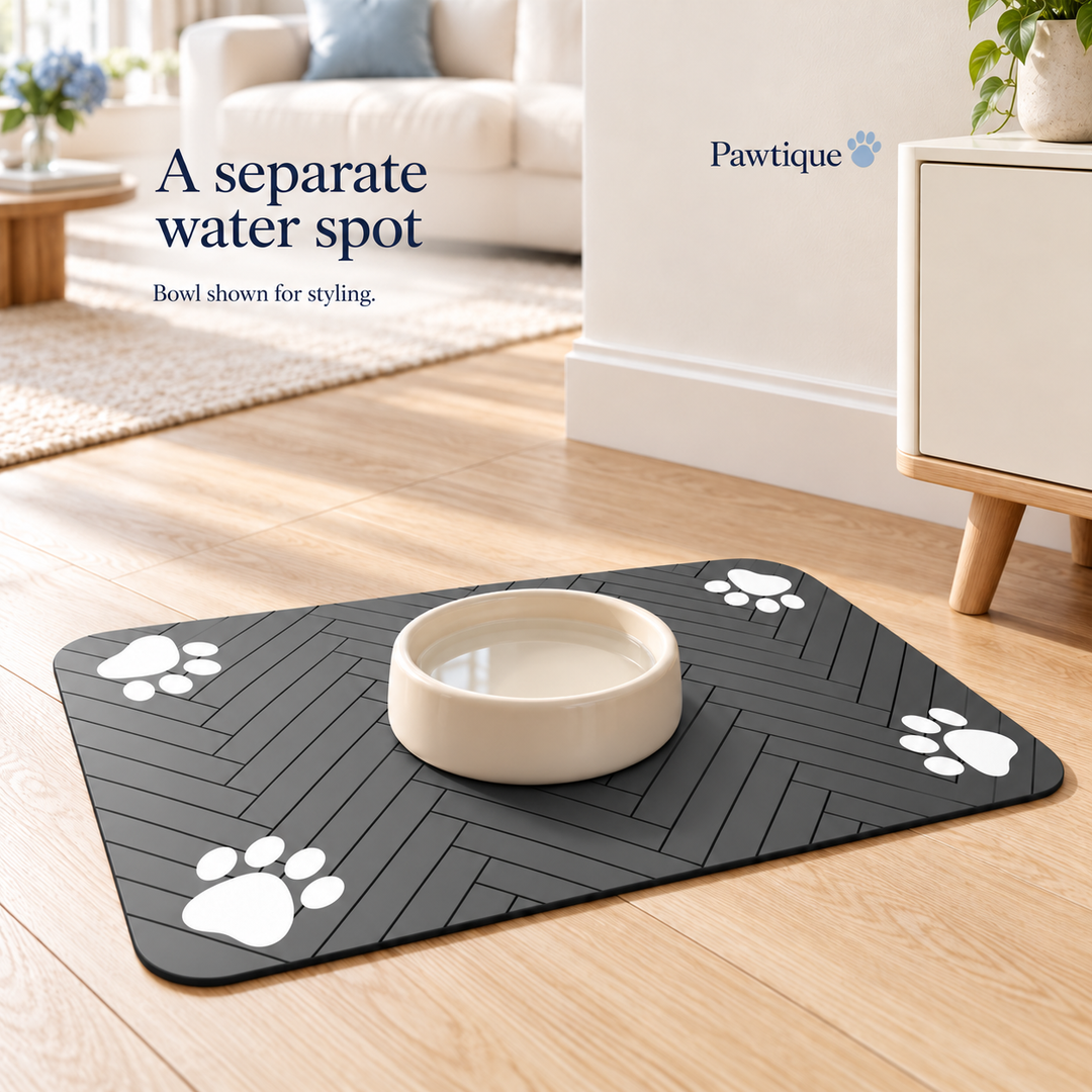 Dark-gray paw-print feeding mat with a single cream water bowl beside an ivory living-room console; bowl shown for styling.