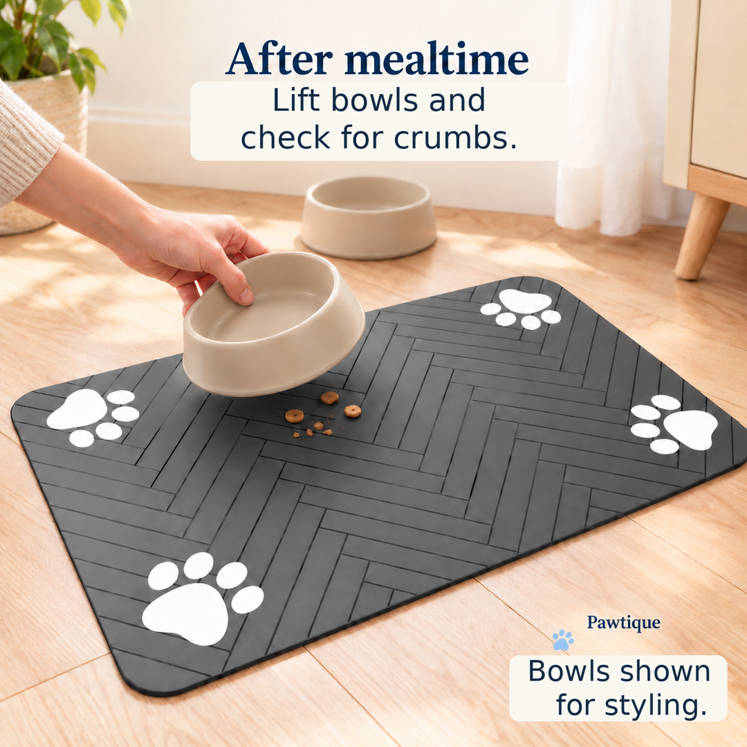 Hand lifting a cream styling bowl from the feeding mat, with enlarged guidance to check for crumbs and a bowls-shown-for-styling note.