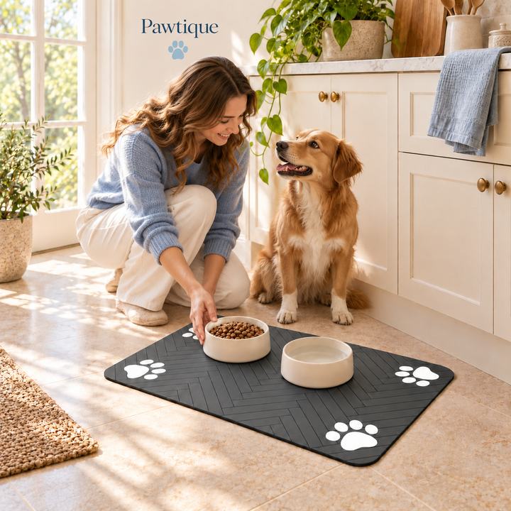 Owner setting down a food bowl on the dark-gray four-paw herringbone feeding mat while a dog waits beside her; bowls are styling props.