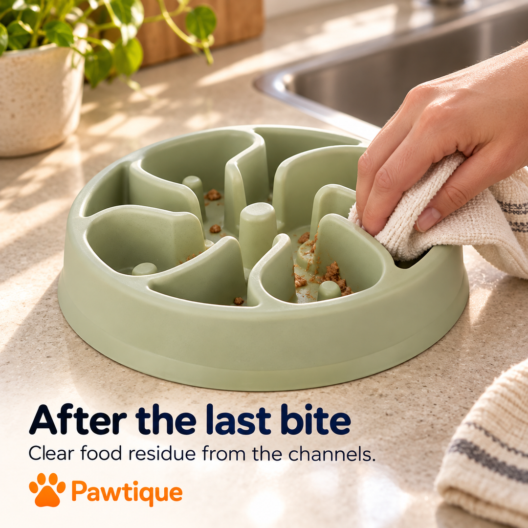 Food residue being wiped from the channels of the Sage Green ridge-and-post slow-feeder bowl