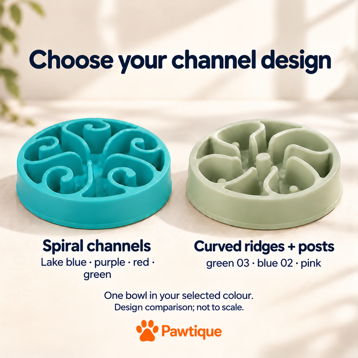 Spiral bowls: Lake Blue, Purple, Red and Green. Curved-ridge-and-post bowls: Sage Green, Sky Blue and Pink. One bowl per order; comparison not to scale.