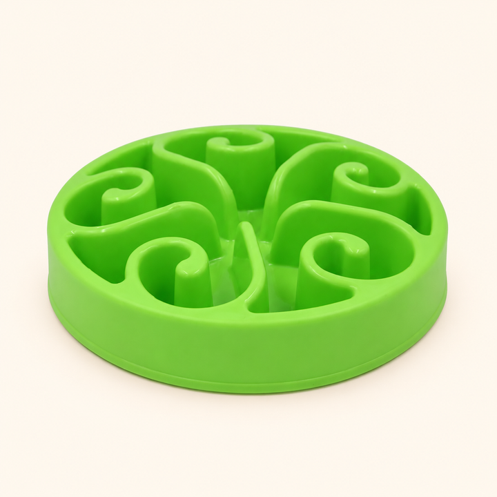 Green slow-feeder dog bowl with raised spiral channels
