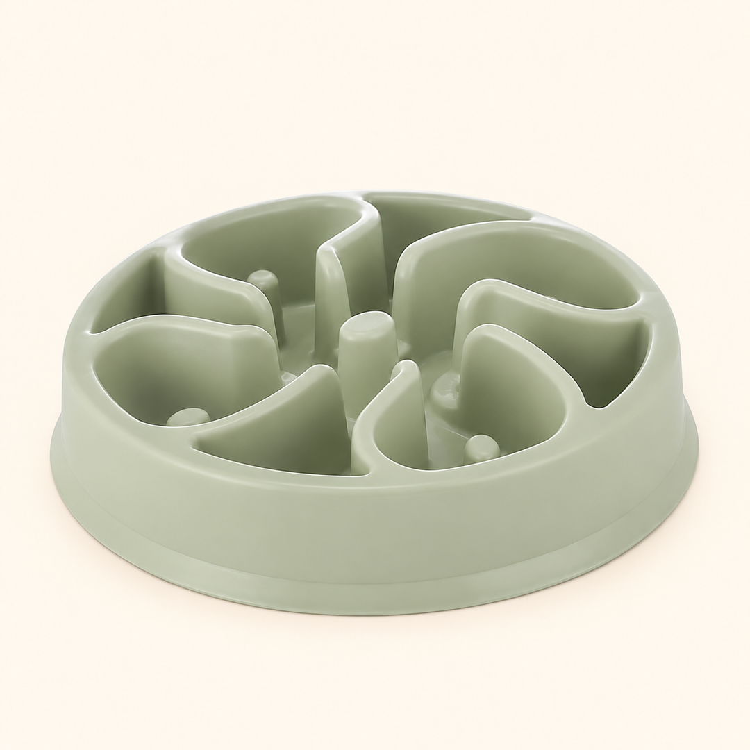 Sage Green slow-feeder dog bowl with curved ridges and rounded posts