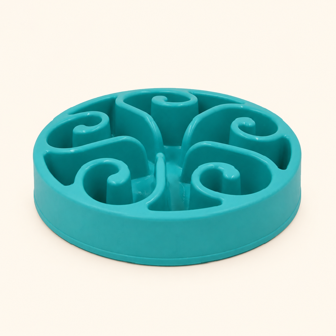 Lake Blue slow-feeder dog bowl with raised spiral channels