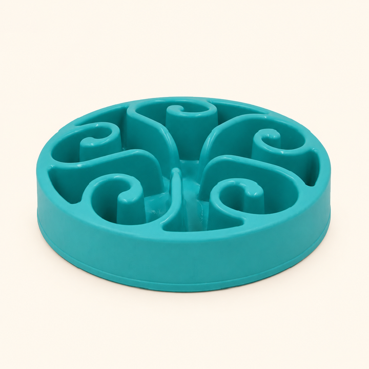 Lake Blue slow-feeder dog bowl with raised spiral channels