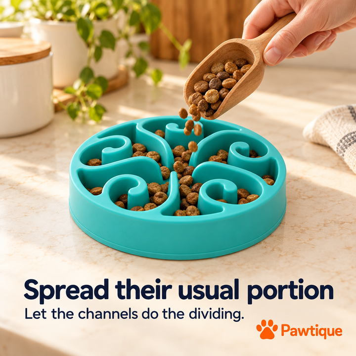 Dry food being spread between the raised channels of the Lake Blue slow-feeder bowl