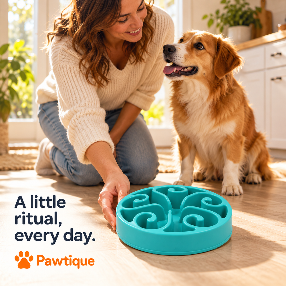 Owner setting a Lake Blue spiral slow-feeder bowl down beside their dog