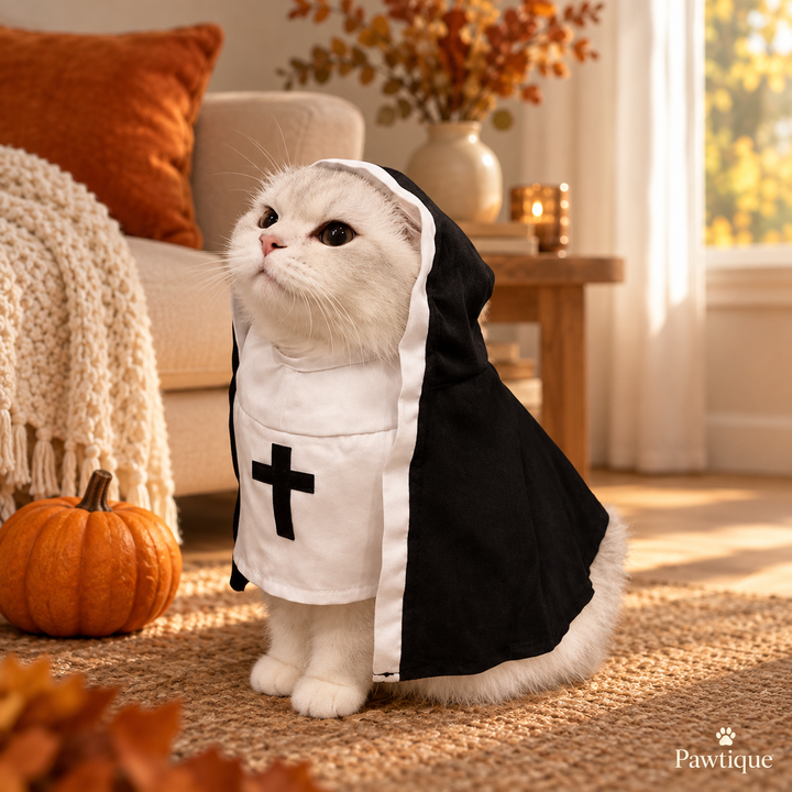 White cat wearing Pawtique Midnight Veil hooded costume