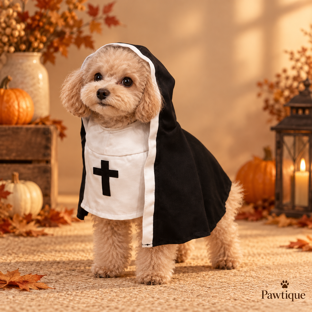 Small dog wearing Pawtique Midnight Veil hooded costume