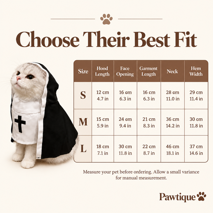 Pawtique Midnight Veil pet costume size chart