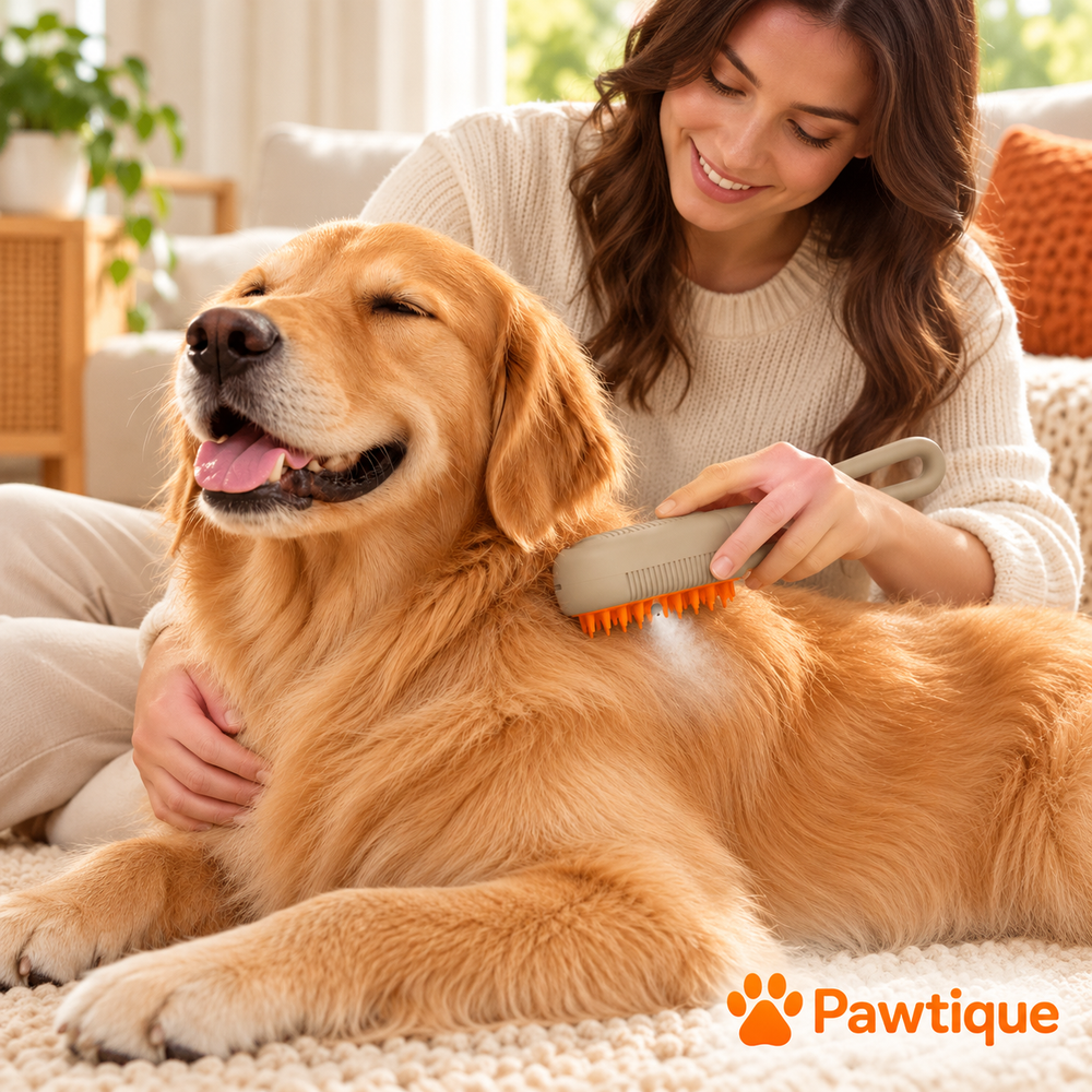 Caregiver gently grooming a golden retriever with the Cream mist brush