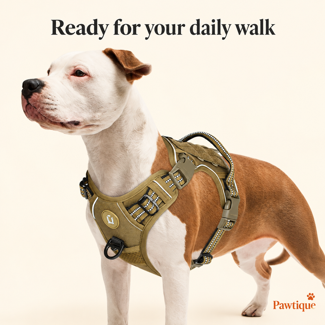 Original front three-quarter fit view of a white and brown dog wearing the khaki harness