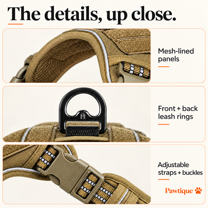 Close-ups of mesh-lined panels, leash ring, adjustable straps and buckle