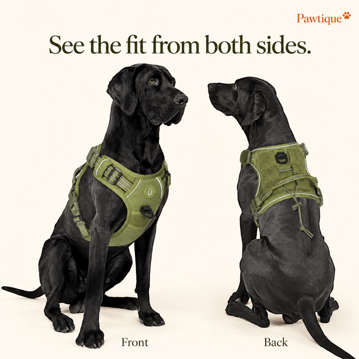 Front and back views of the green harness worn by a black dog