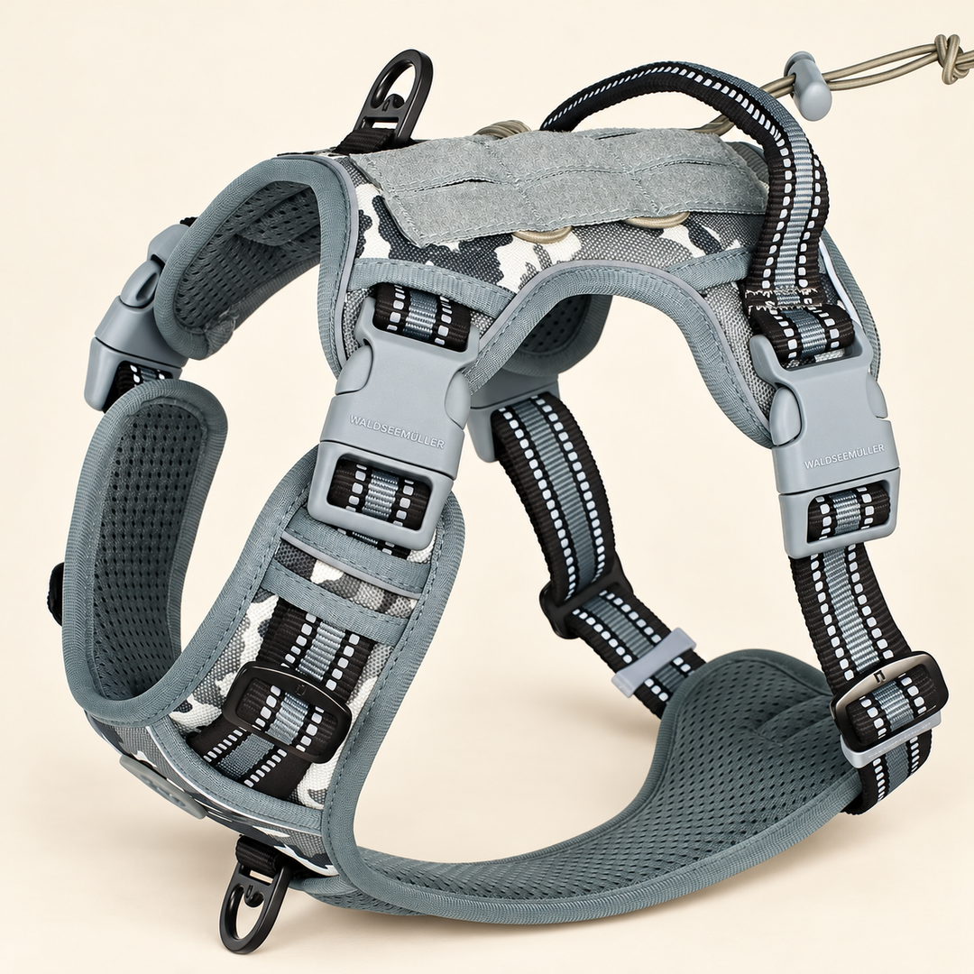 Gray camouflage adjustable MOLLE dog harness with gray trim and buckles