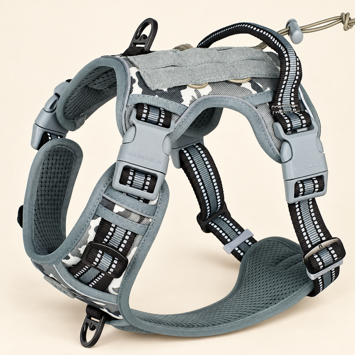 Gray camouflage adjustable MOLLE dog harness with gray trim and buckles