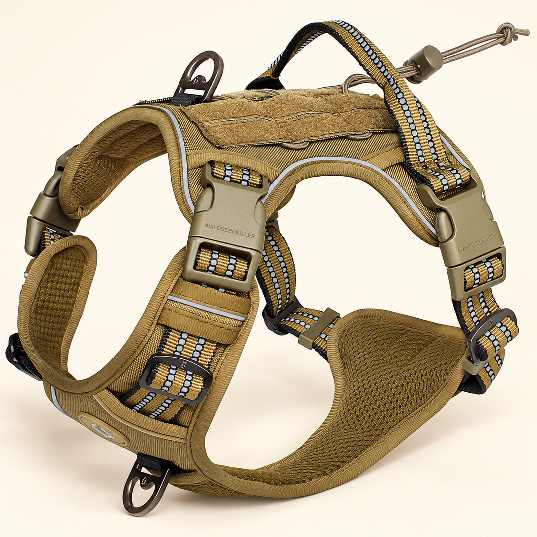 Khaki adjustable MOLLE dog harness showing its buckles, straps, handle and mesh lining