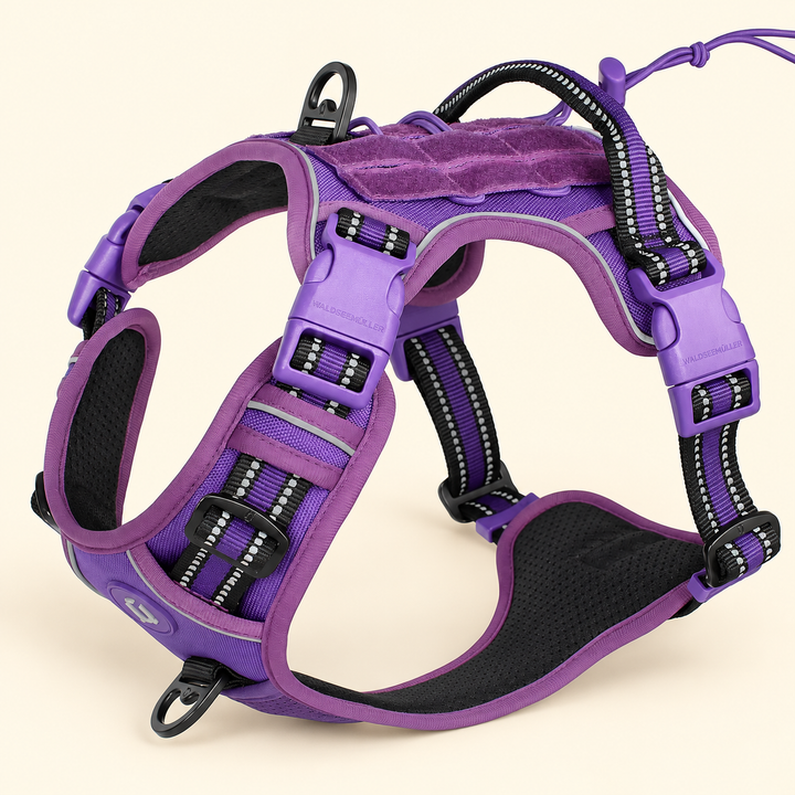Purple adjustable MOLLE dog harness with mesh-lined panels and front and back leash rings on cream background