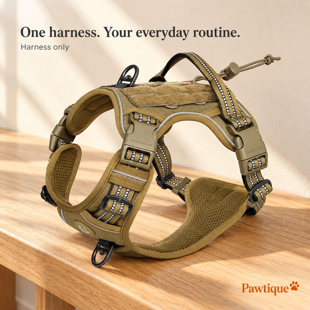 Khaki harness on an entryway bench; listing includes the harness only