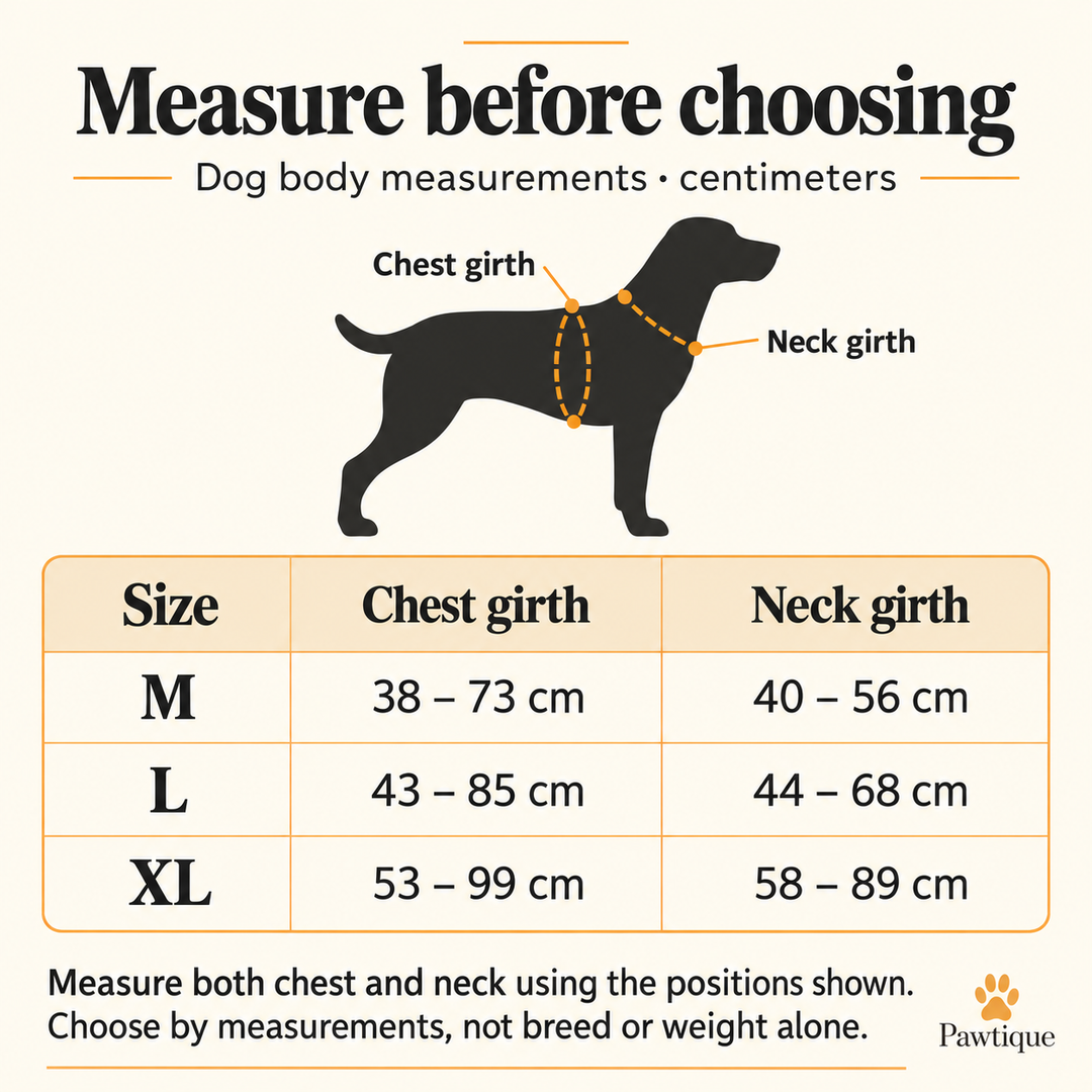 Dog body measurement guide with M, L and XL chest and neck girth ranges in centimeters