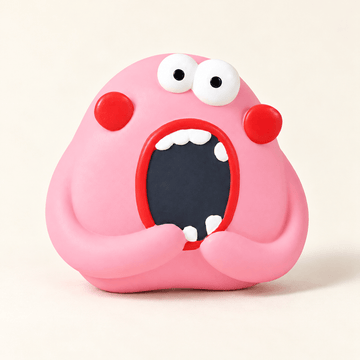 Pink Wide-Mouth latex character with raised eyes, red cheeks and a tall toothy mouth.