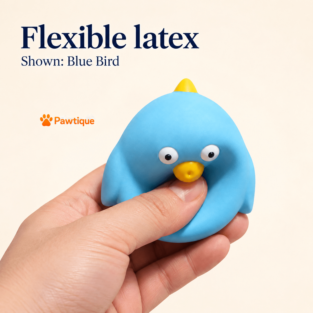 Hand squeezing the Blue Bird latex character to show its flexible body.