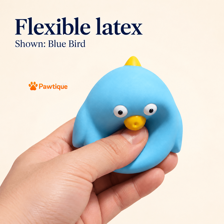 Hand squeezing the Blue Bird latex character to show its flexible body.