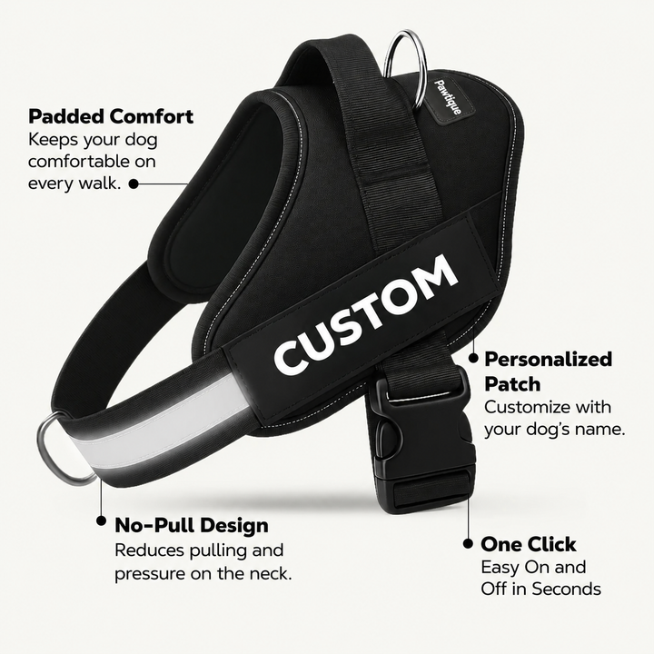 Pawtique NameTrail padded design, personalized patch, reflective strap and quick-release buckle