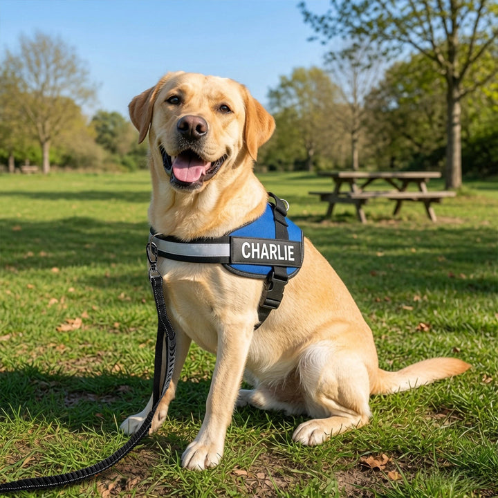 Dog wearing a personalized Pawtique NameTrail harness outdoors