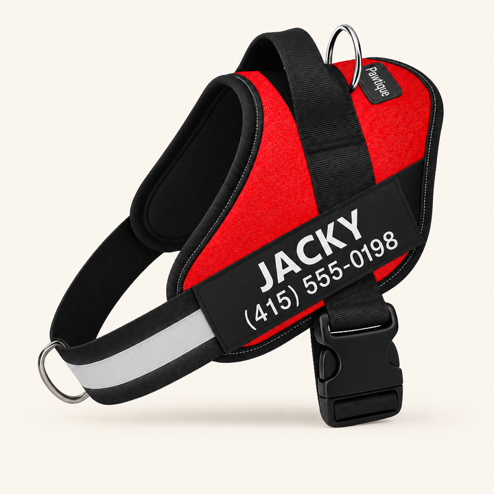 Pawtique NameTrail personalized dog harness in red, with sample name and phone patch, on a warm cream background