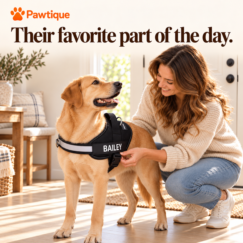 Bonding before a walk with black NameTrail harness