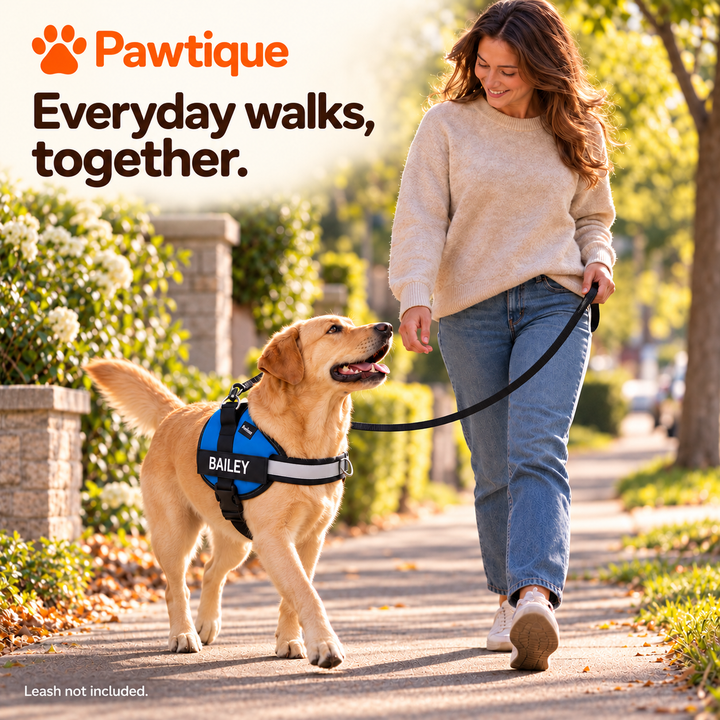 Everyday walk with blue NameTrail harness; leash not included