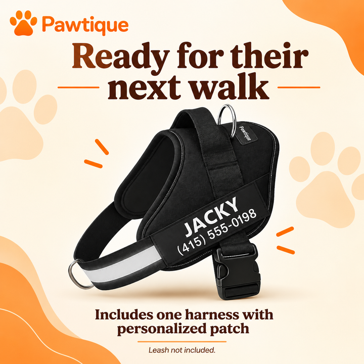 One NameTrail harness with personalized patch; leash not included