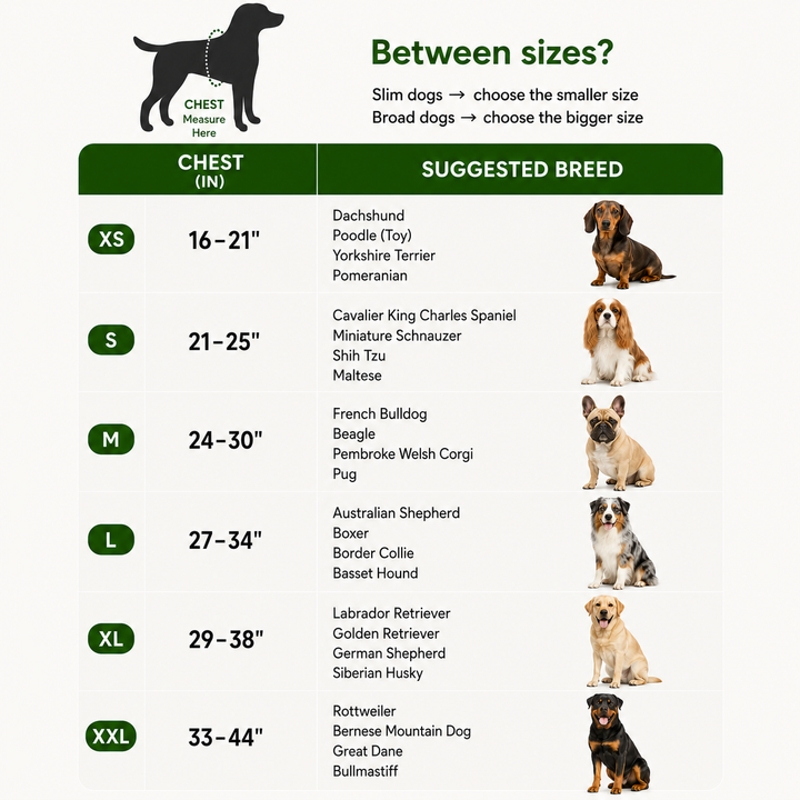 Pawtique NameTrail harness chest sizing guide, XS to XXL