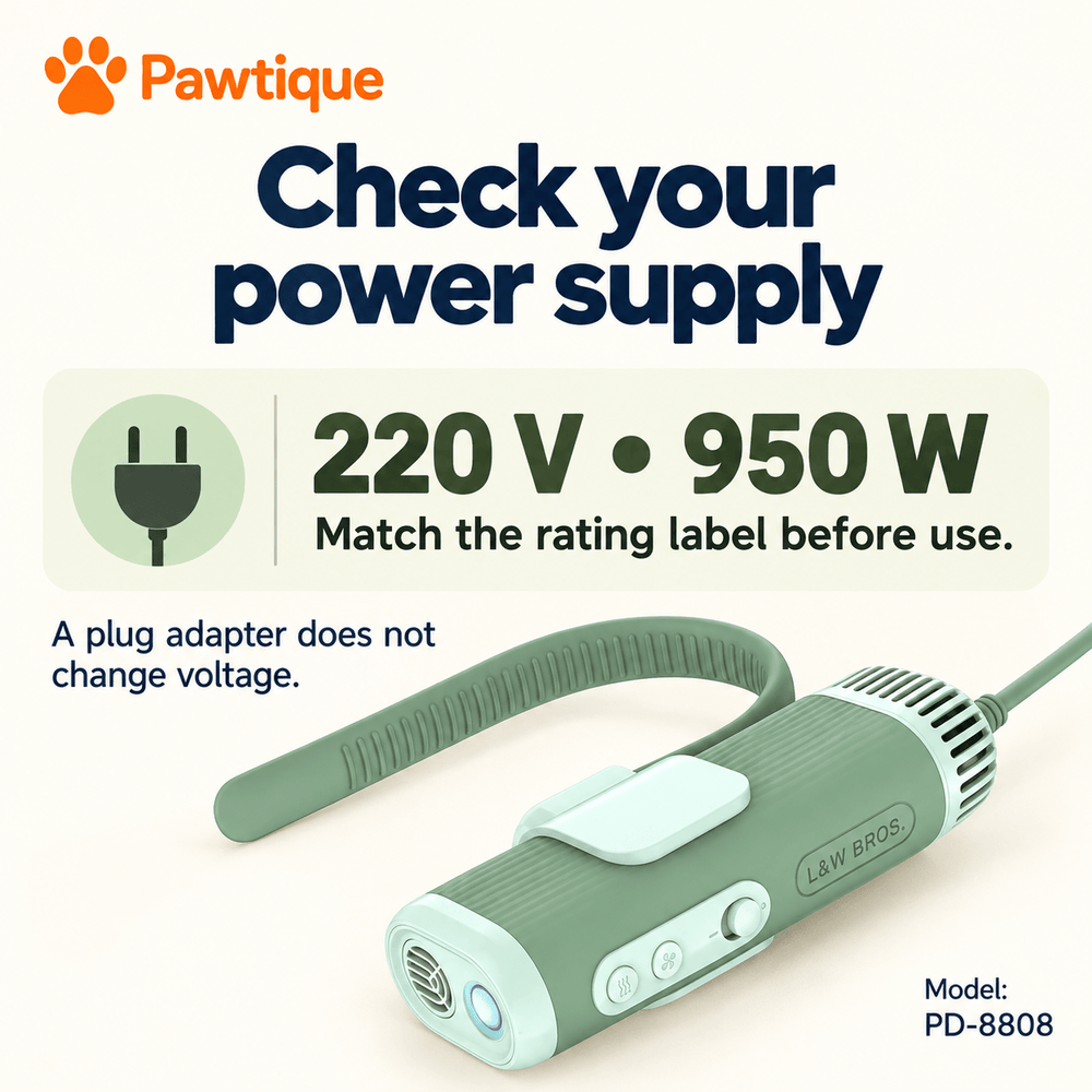 PD-8808 power compatibility guide: original specification 220 V and 950 W; match the rating label, and remember that a plug adapter does not change voltage.