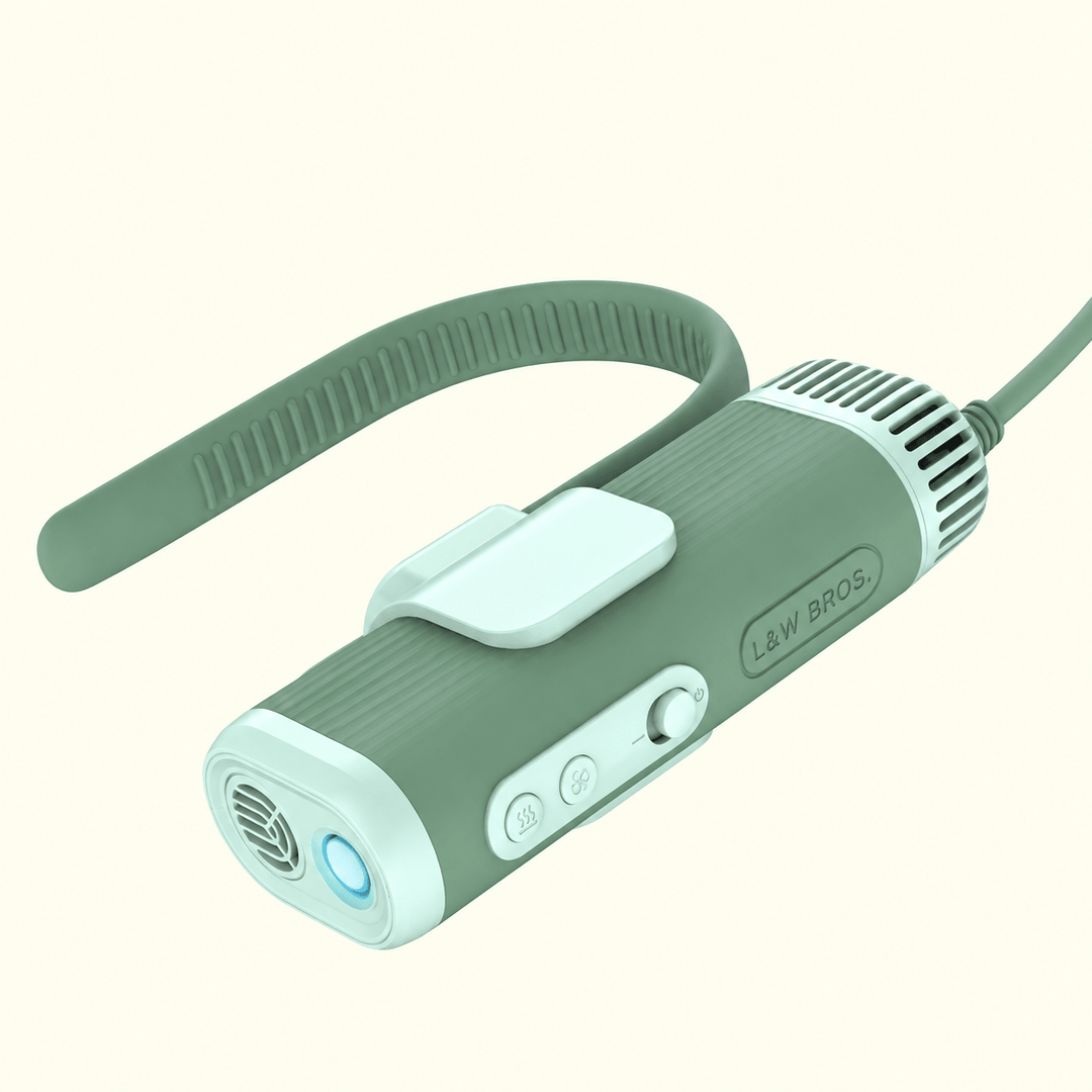 Green PD-8808 corded pet dryer with curved human neck hanger, three side controls and original L&W BROS. marking on cream background.
