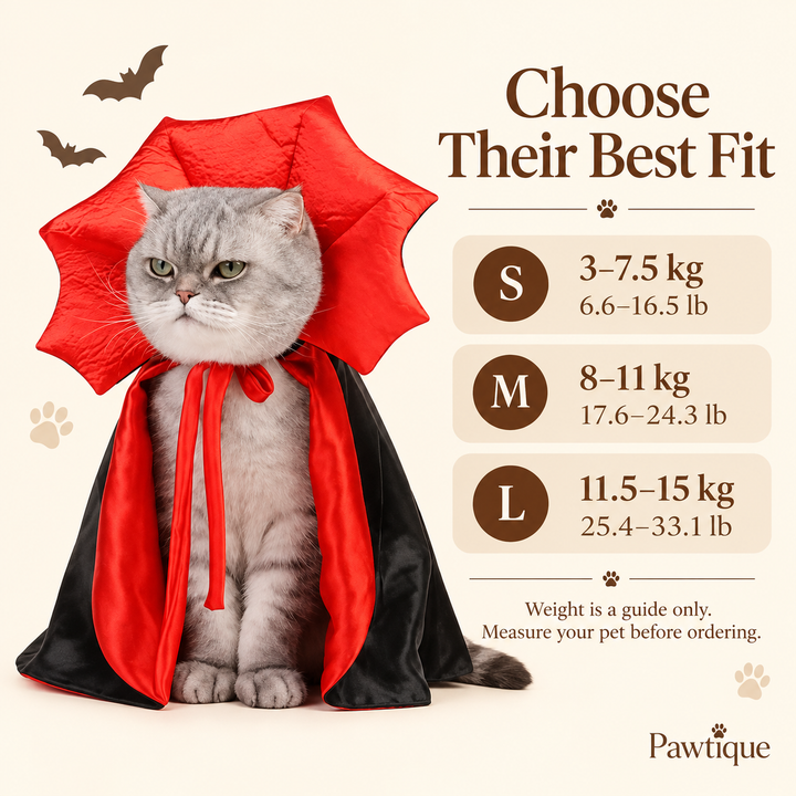 Pawtique Nightfang pet vampire cape size guide