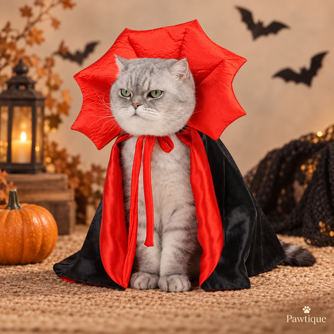 Silver cat wearing Pawtique Nightfang vampire cape for Halloween
