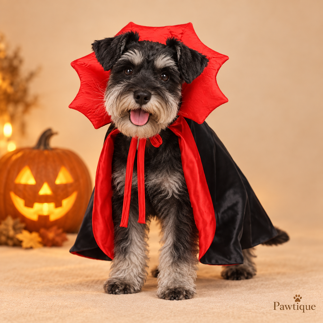 Small dog wearing Pawtique Nightfang vampire cape for Halloween