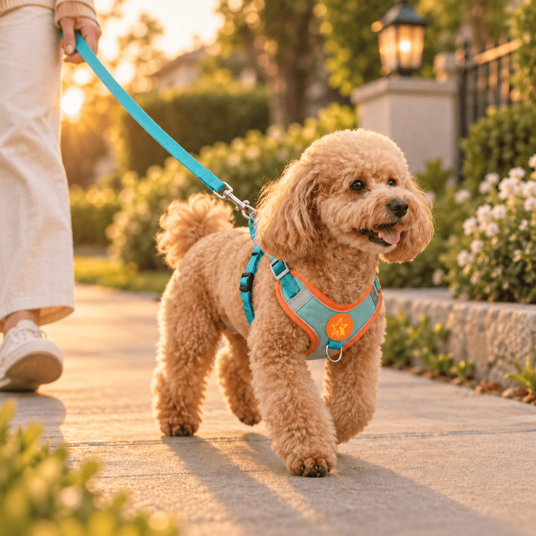 Apricot dog wearing Cyan NightGlide harness with orange trim and matching cyan leash