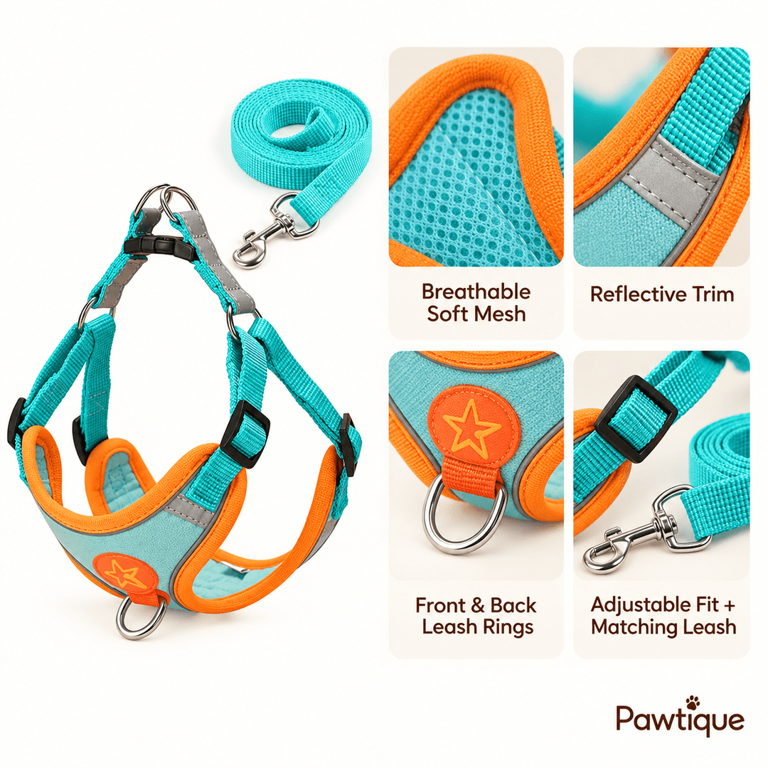 Pawtique NightGlide™ Reflective Soft-Mesh Dog Harness &amp; Leash Set - Pawtique