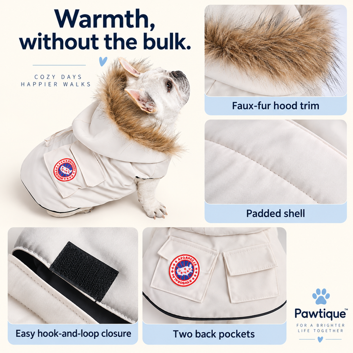 Pawtique NorthPuff dog parka padded shell, hood, closure and pocket details