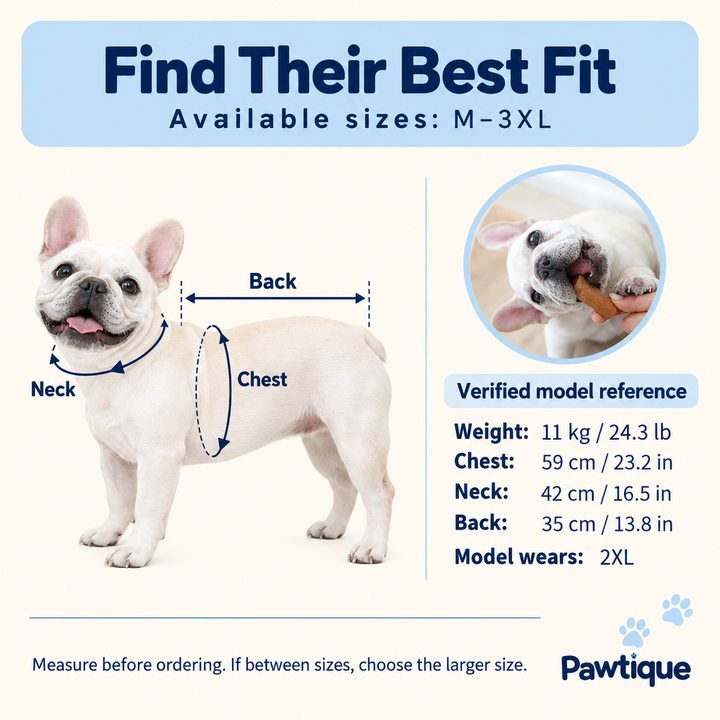 Pawtique dog apparel measuring guide with verified 2XL model reference