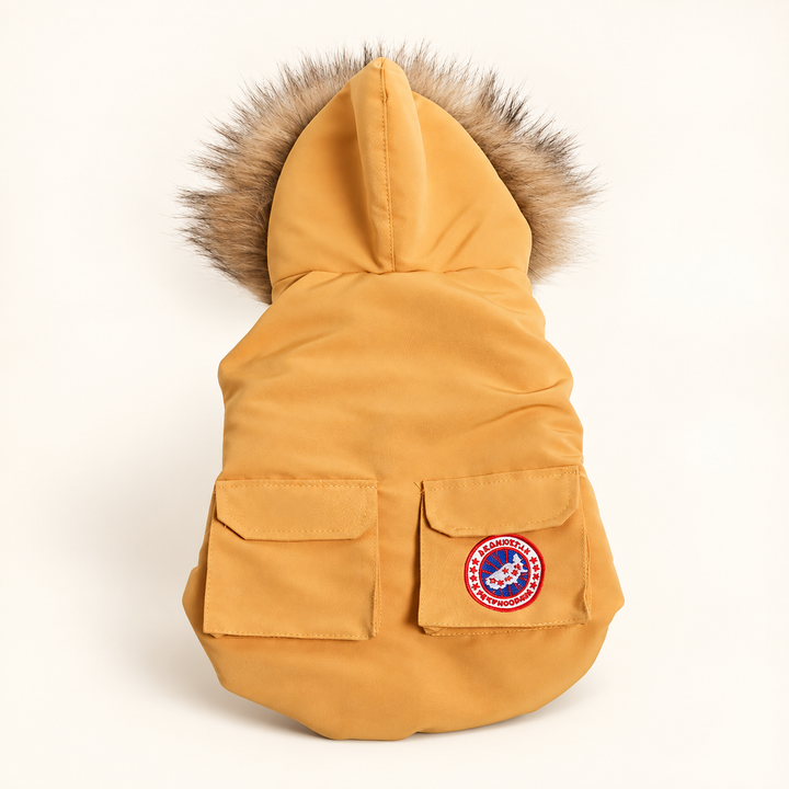 Pawtique NorthPuff hooded dog parka vest in Mustard Yellow