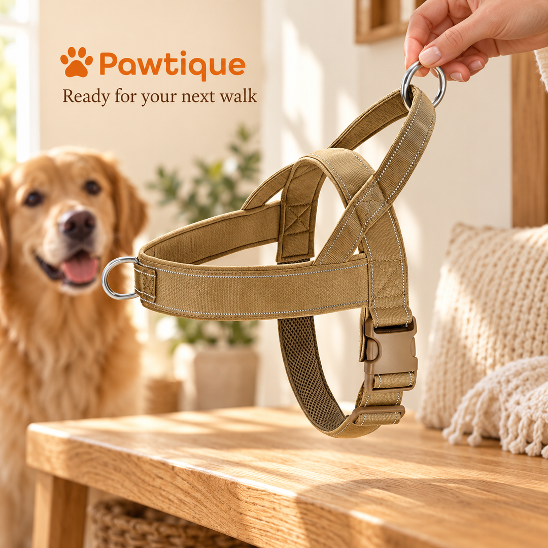 Khaki chest harness held by its upper ring beside a dog before a walk