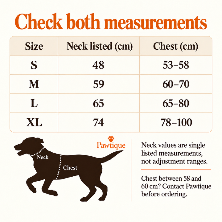 S–XL neck listed and chest measurements in centimeters, with the 58–60 cm chest gap warning