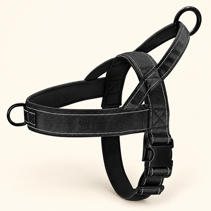 Pawtique Adjustable Nylon Chest Harness in Black with black connecting rings and buckle