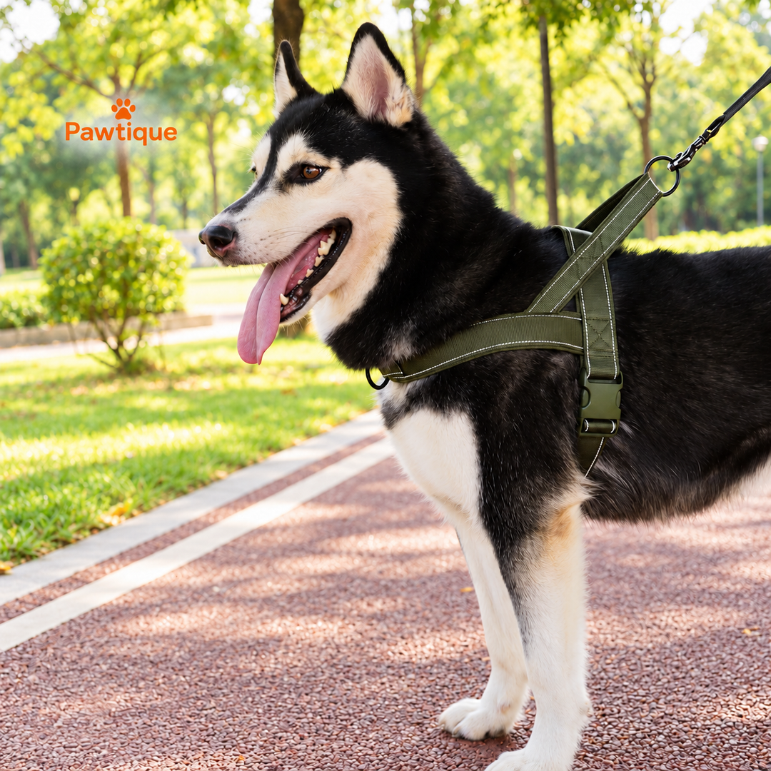 Green nylon chest harness worn by a dog on a park path; leash is not included