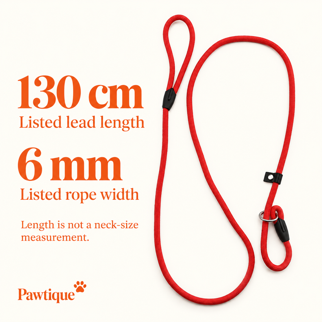 Nylon slip lead listed 130 cm length and 6 mm rope width; length is not a neck-size measurement